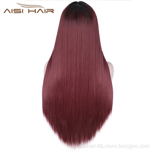 Aisi Hair Long Ombre Red Dark Root Wig Silky Straight Lace Frontal Wig Middle Part Synthetic Front Lace Hair Wigs For Women
